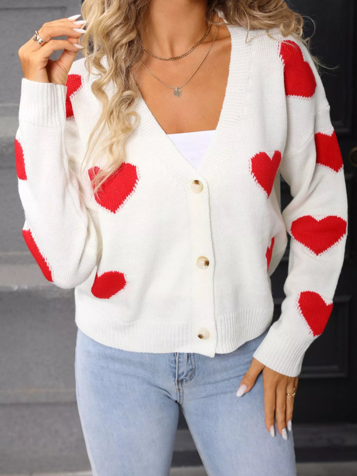 Heart pattern V-neck button-up knit cardigan