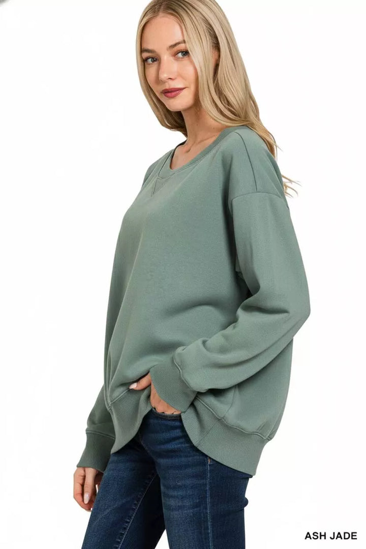 Relaxed fleece boat neck sweatshirt with ribbed trim