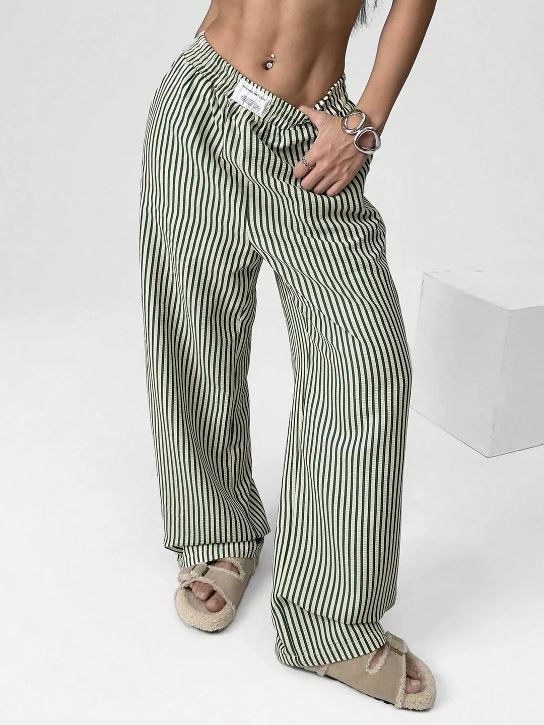 Striped high-waist wide-leg pants with drawstring