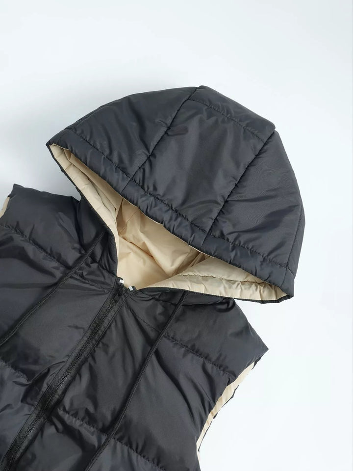 Longline hooded puffer vest with zip pockets