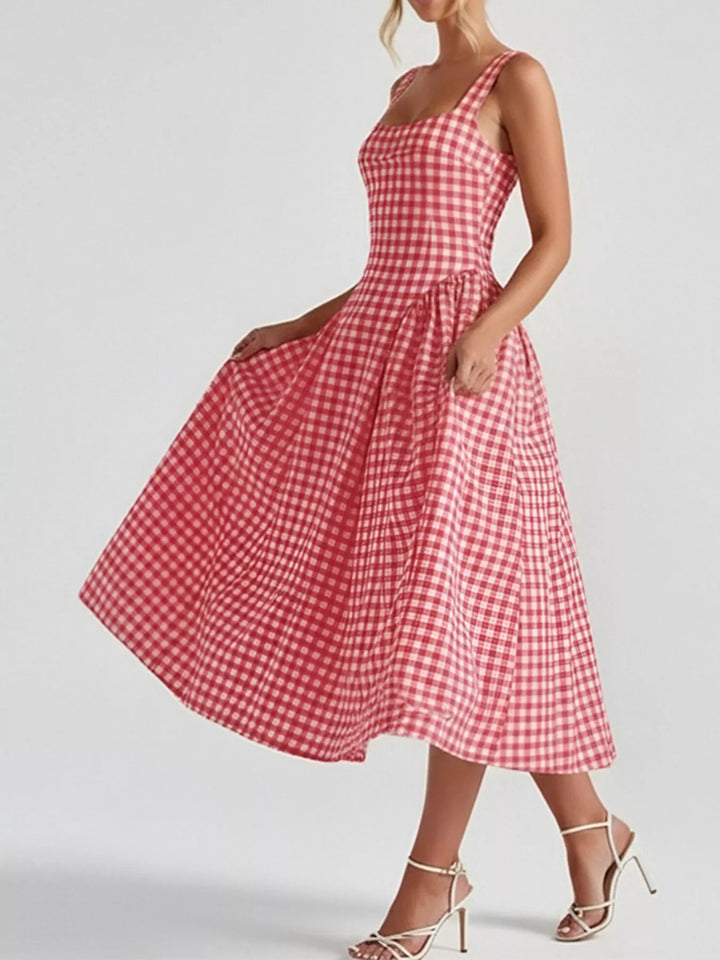 Plaid square-neck sleeveless fit-and-flare midi dress