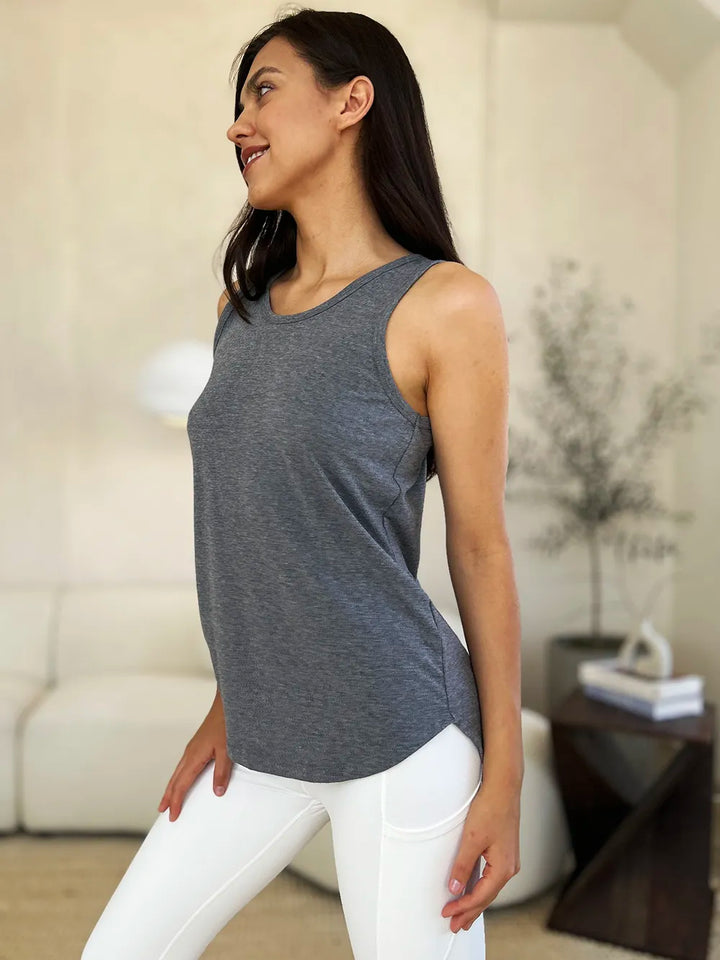 Round neck curved hem rayon tank top