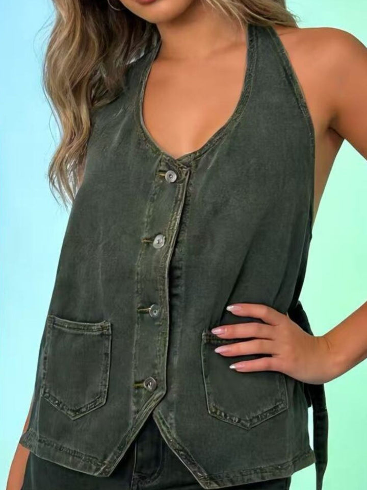 Halter neck button-down denim vest with patch pockets