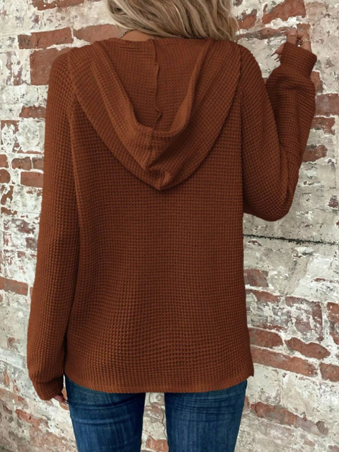 Waffle knit button-front hoodie with drawstring hood