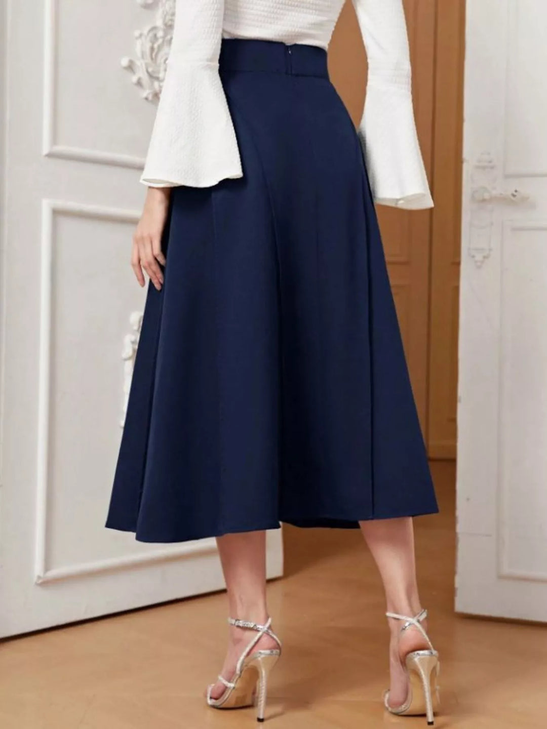 High-waist A-line midi skirt with wide waistband