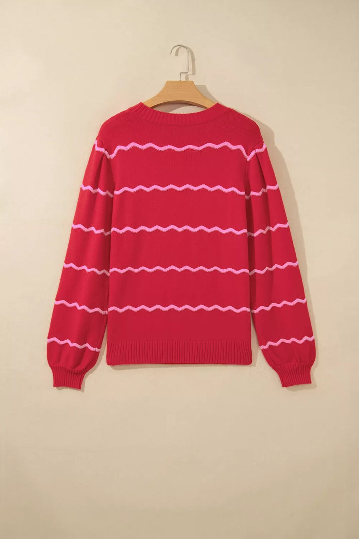 Wavy contrast stripe crew neck knit pullover sweater