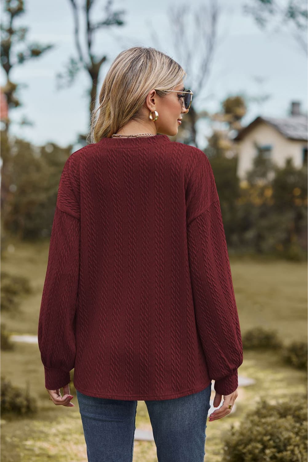 Textured knit V-neck top with dropped shoulders
