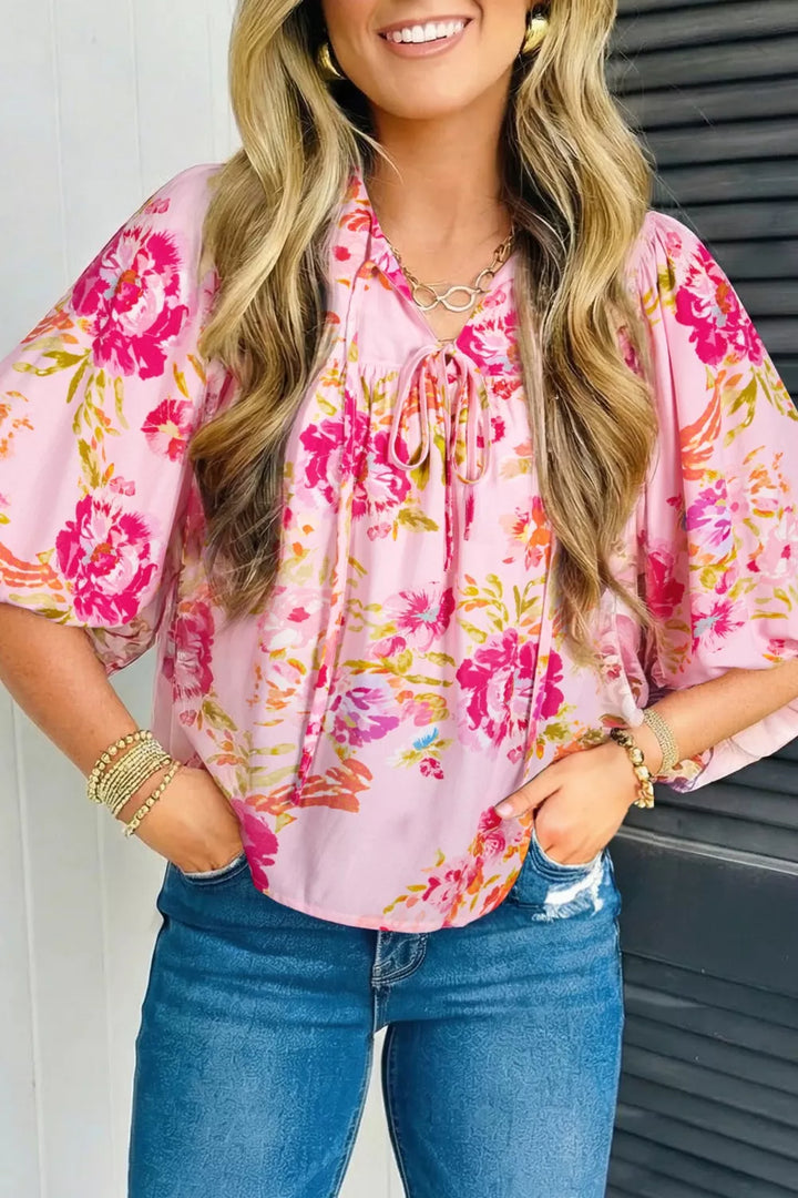 Dusty Pink Floral viscose puff sleeve blouse with tie neckline