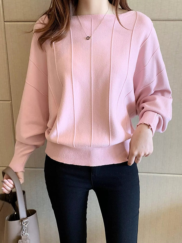 Blush Pink Boat neck batwing sleeve knit pullover with ribbed hem