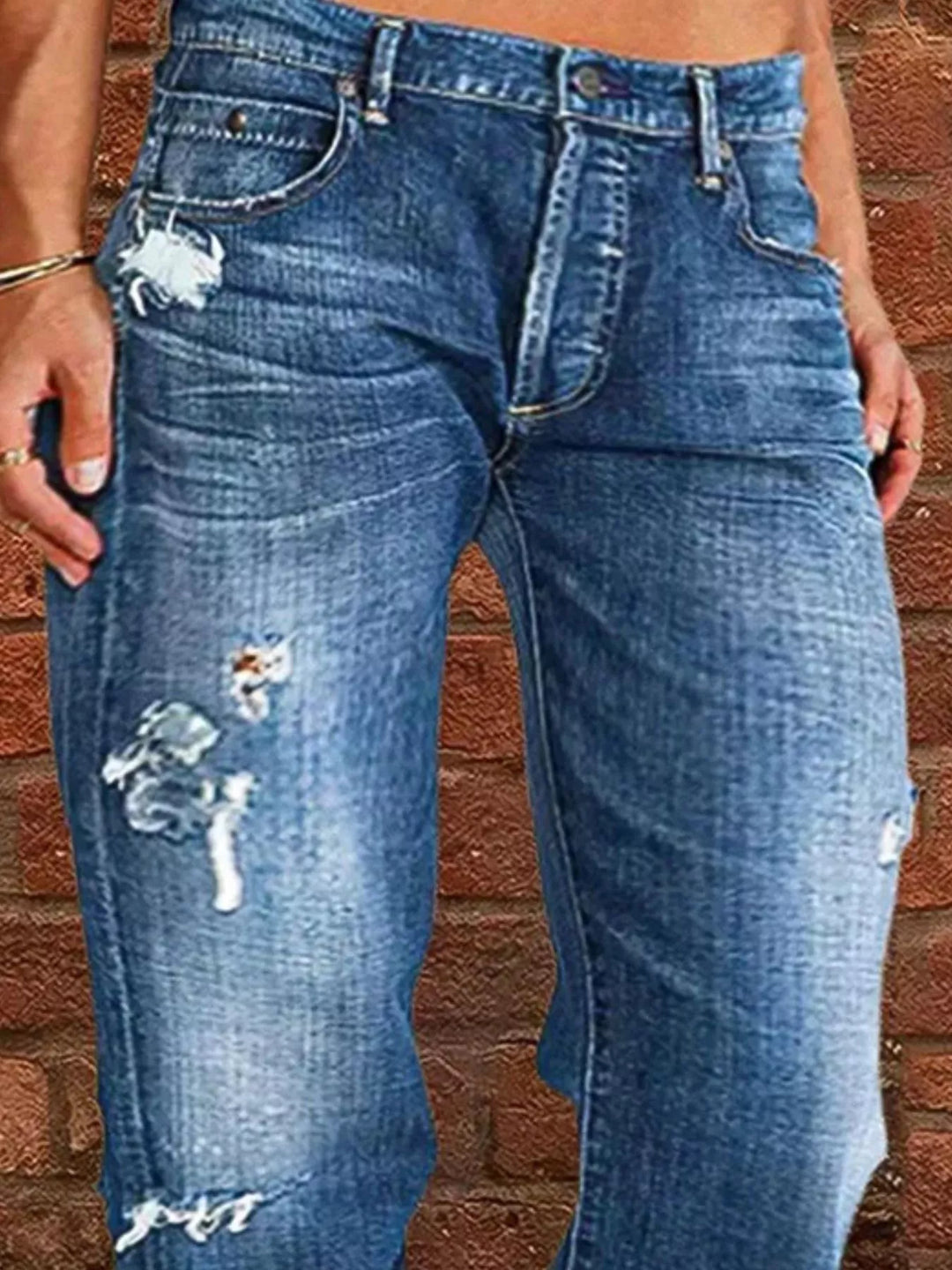 Distressed straight-leg jeans with raw frayed hem