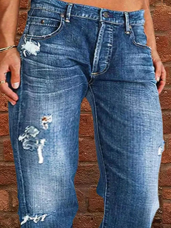 Distressed straight-leg jeans with raw frayed hem