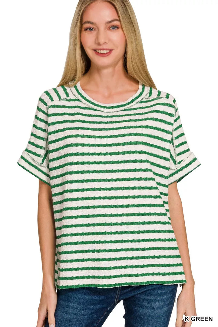 K GREEN Textured stripe jacquard round-neck tee with rolled cuffs