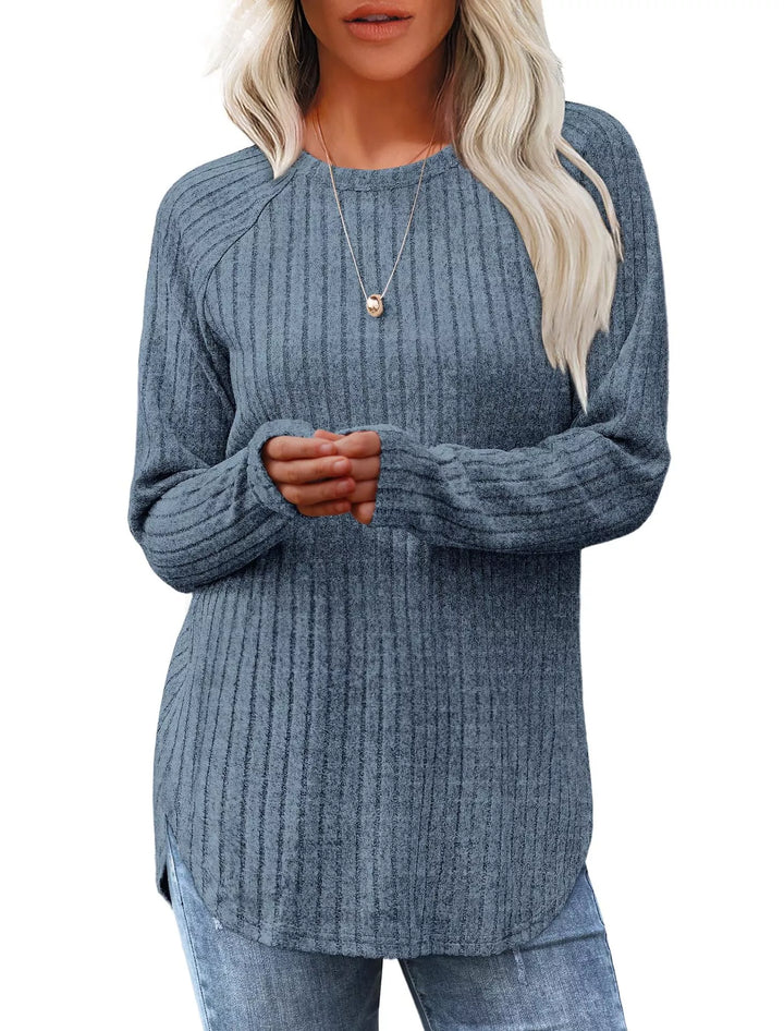 Light Blue Ribbed knit crew neck long sleeve top with curved hem