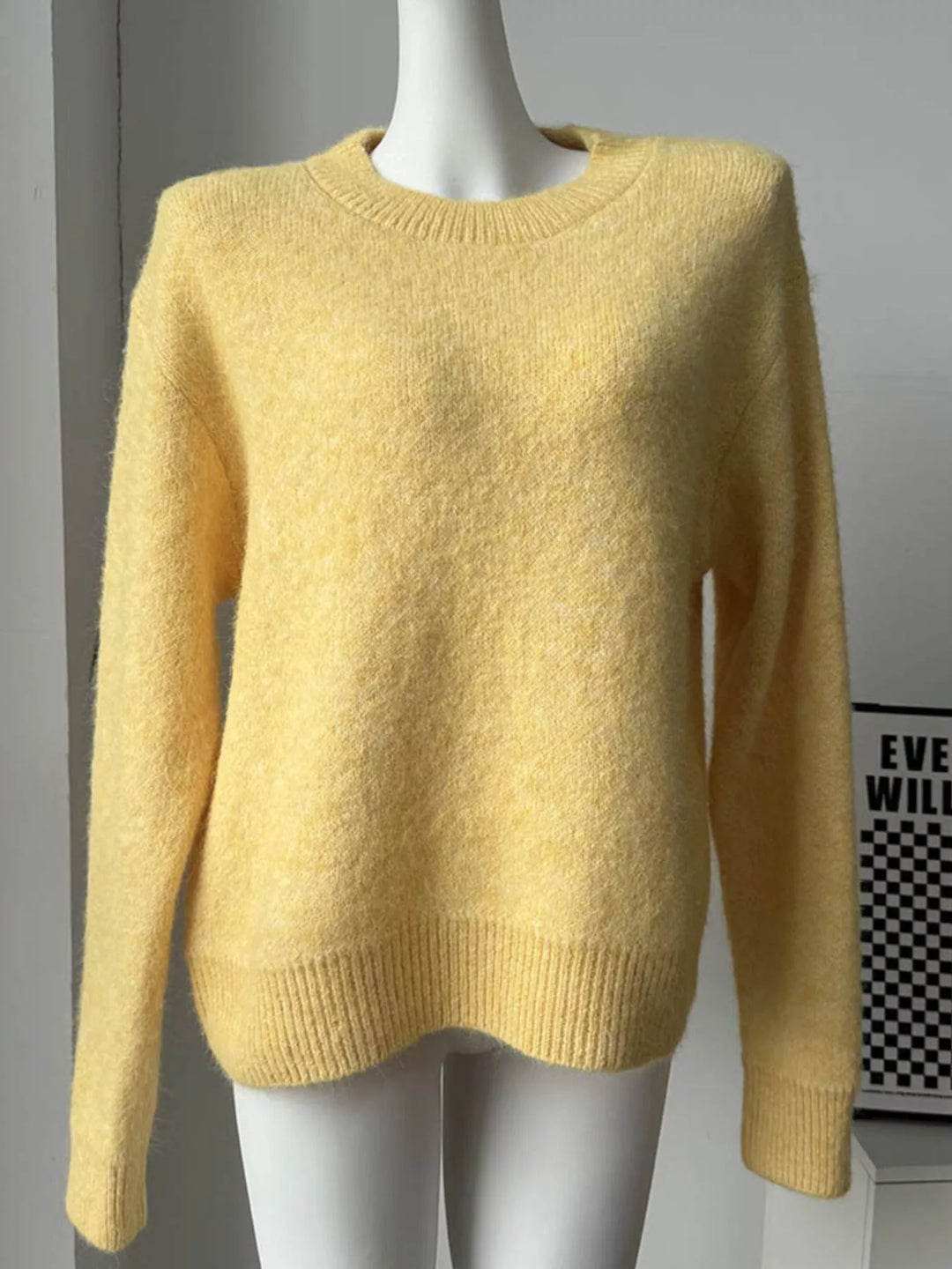 Dropped shoulder brushed knit crew neck sweater