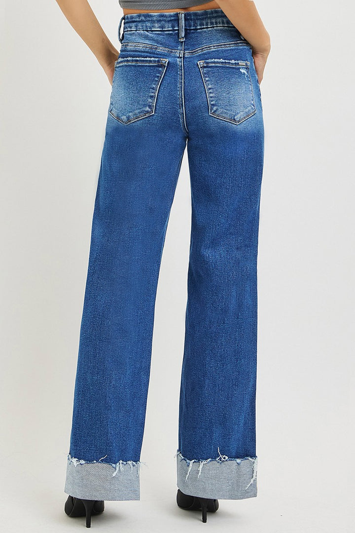 High rise wide leg jeans with raw cuffed hem