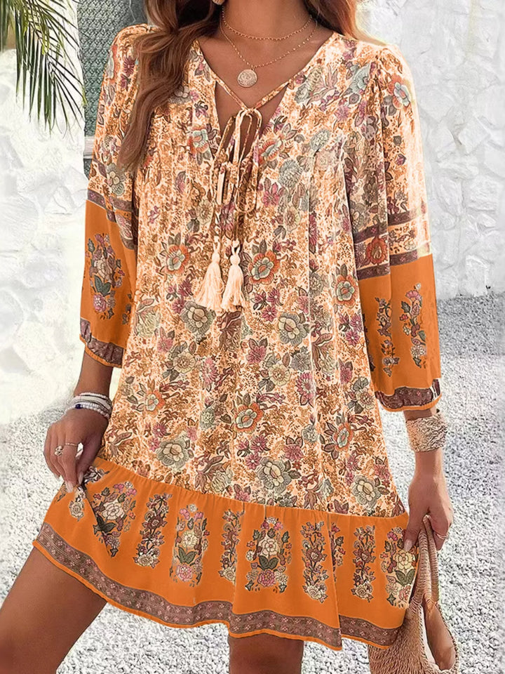 Boho floral v-neck mini dress with tassel tie and long sleeves