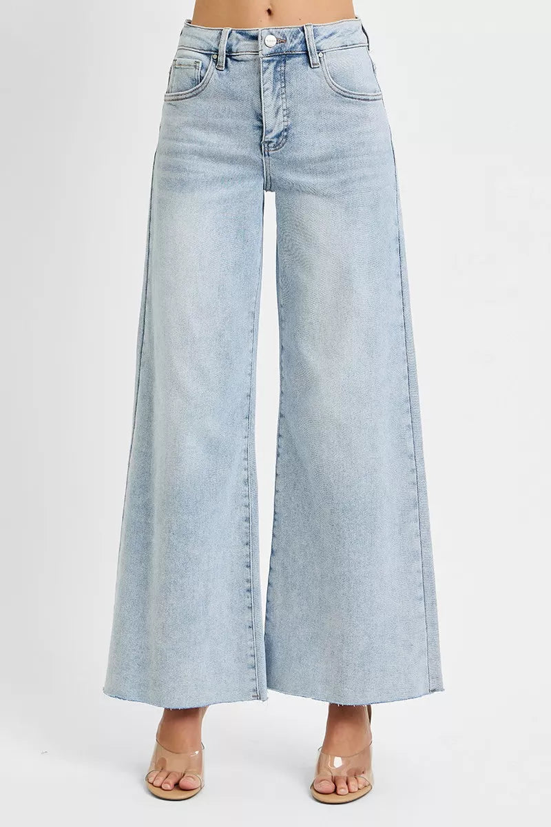 High-rise wide-leg palazzo jeans with raw ankle hem