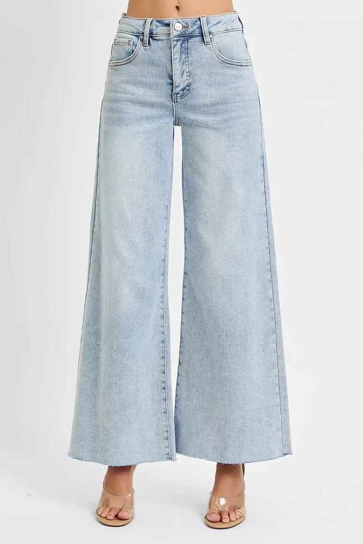 High-rise wide-leg palazzo jeans with raw ankle hem
