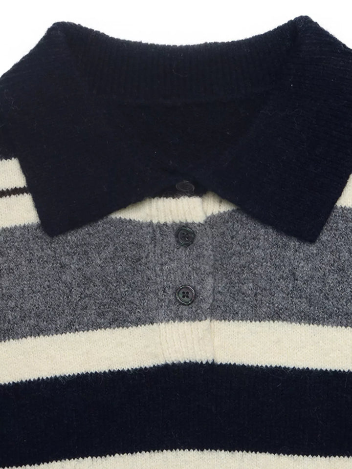 Striped polo collar sweater with button placket