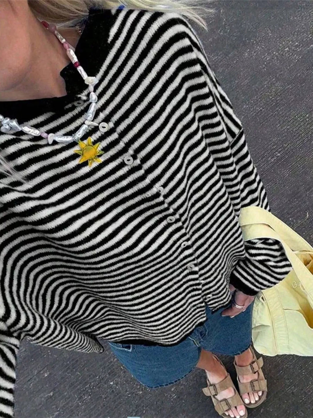 Striped lightweight knit button-front cardigan
