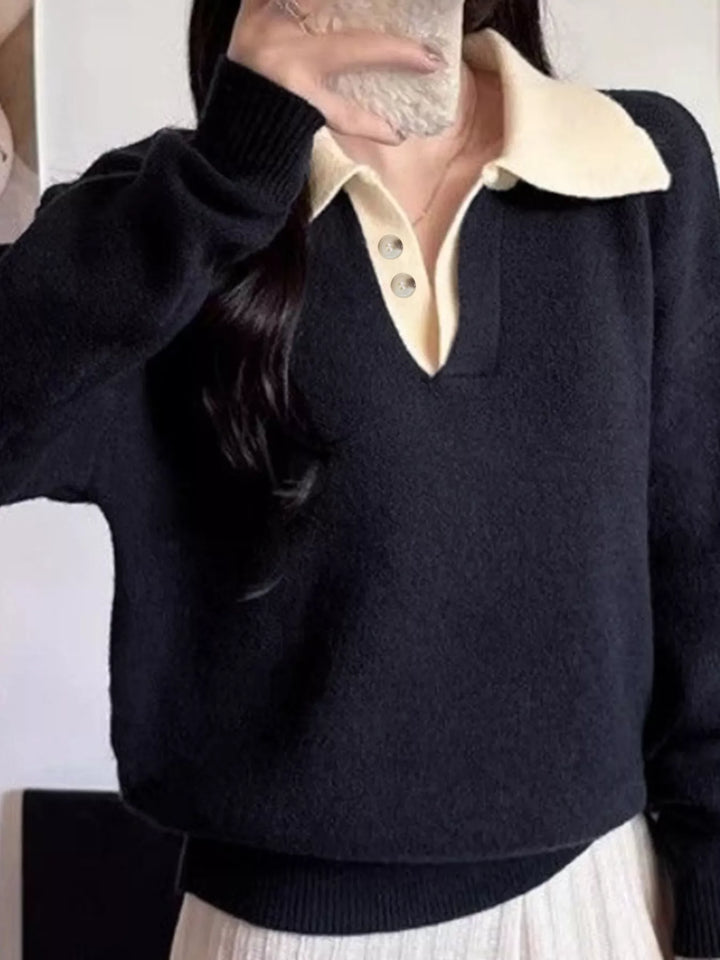 Contrast collar dropped-shoulder knit polo sweater