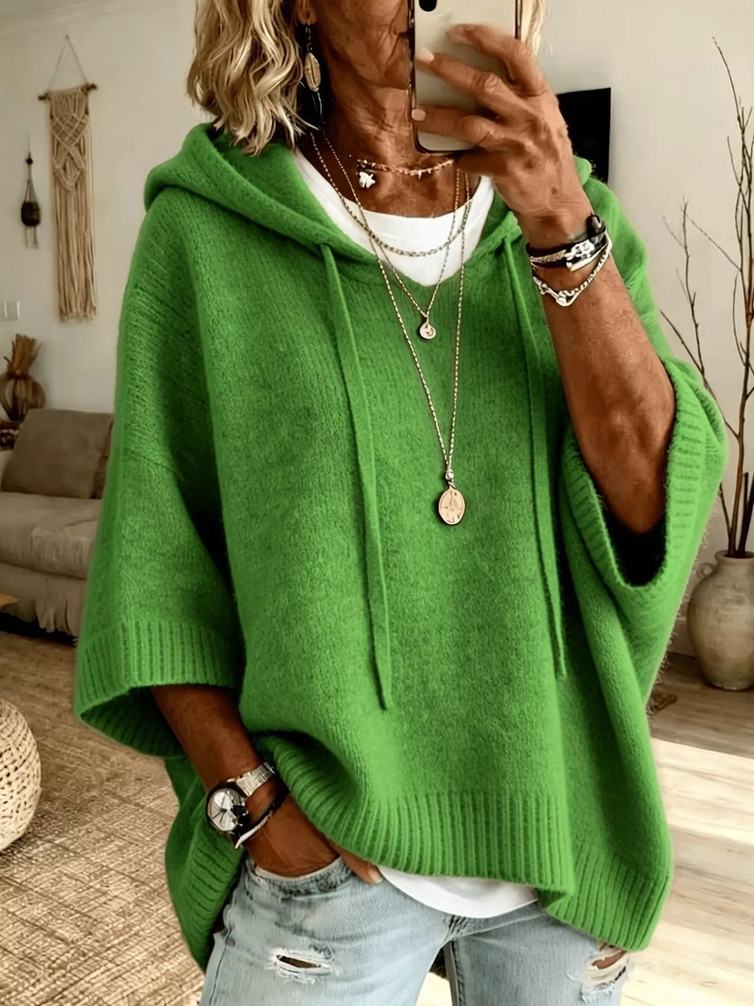 Green Hooded batwing sleeve knit sweater with drawstring