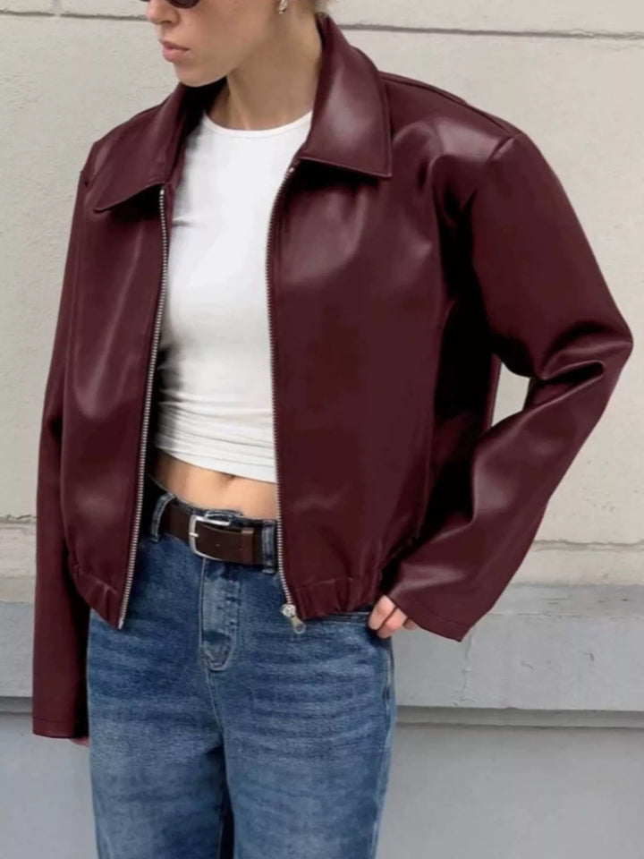 Oversized faux leather zip-up bomber jacket