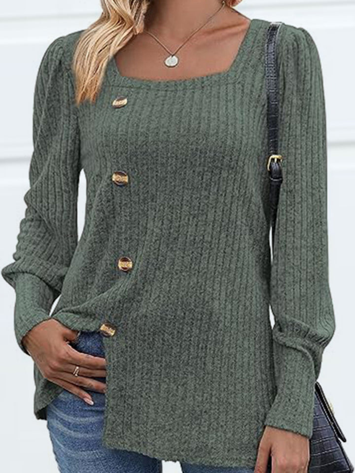 Ribbed knit square neck top with decorative buttons