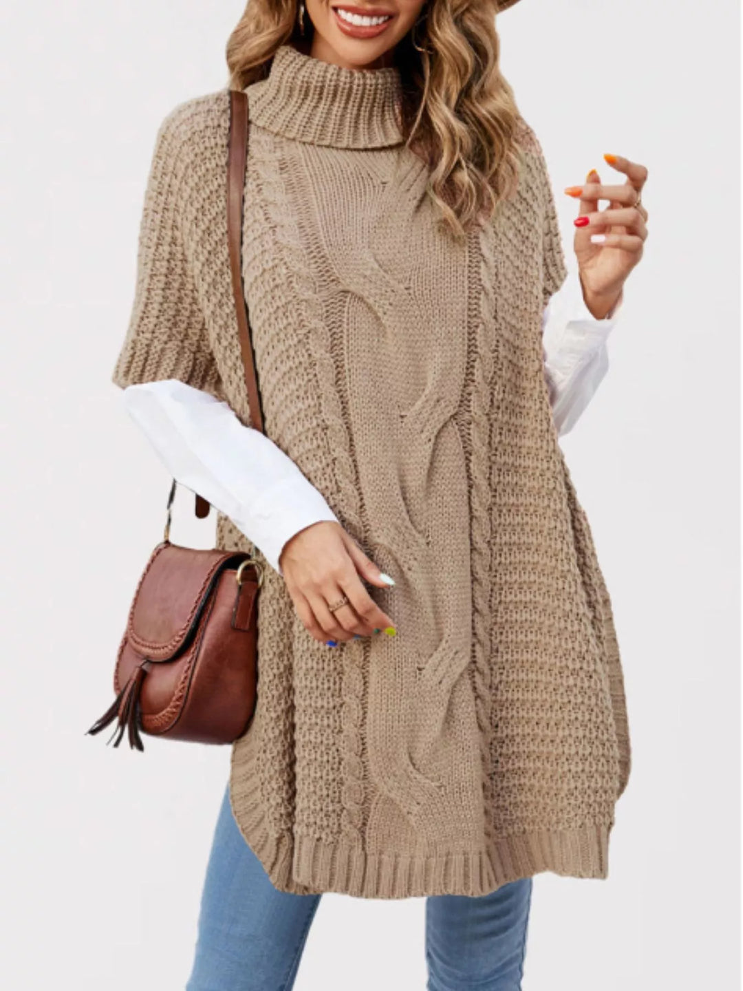 Khaki Cable-knit turtleneck short sleeve oversized tunic sweater