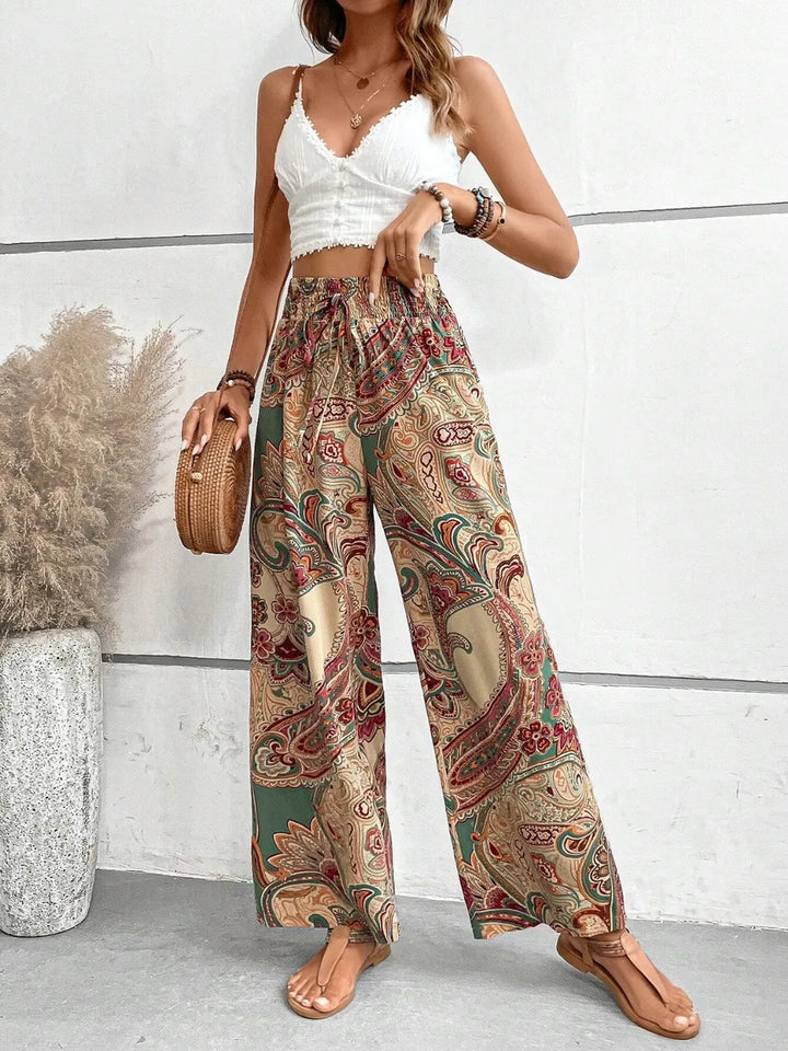 Paisley print wide-leg pants with drawstring waist