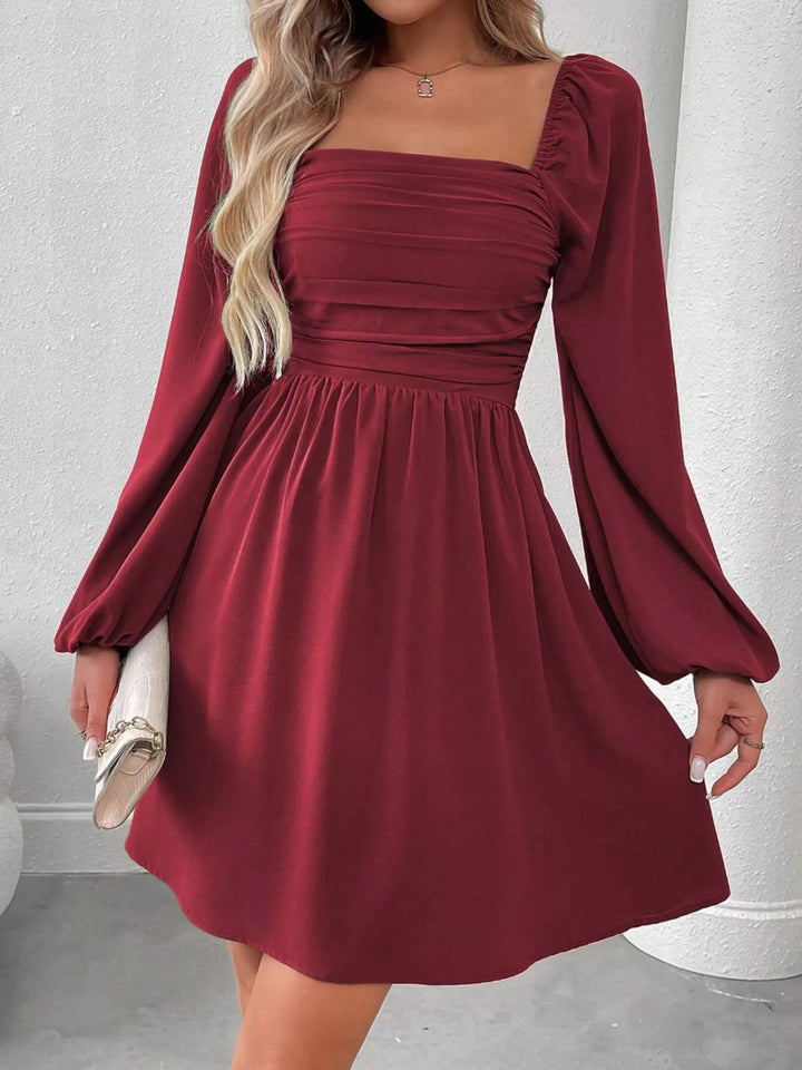 Wine Red Ruched square-neck balloon sleeve A-line mini dress
