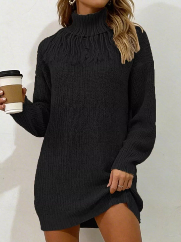 Black Fringe yoke turtleneck sweater dress in ribbed knit