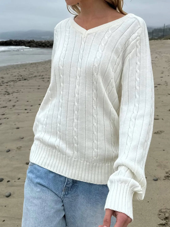 Cable knit V-neck pullover sweater with ribbed trim