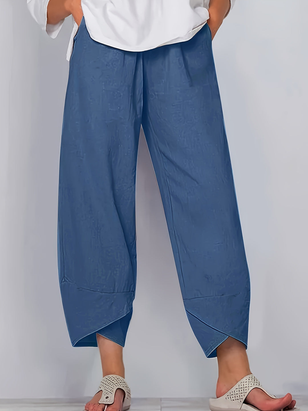 Peacock Blue Elastic-waist wide-leg pants with tulip hem and pockets