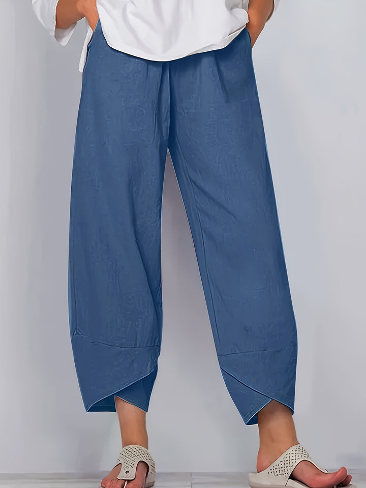 Peacock Blue Elastic-waist wide-leg pants with tulip hem and pockets