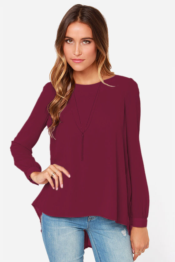 Burgundy Back-pleated long sleeve blouse with buttoned cuffs