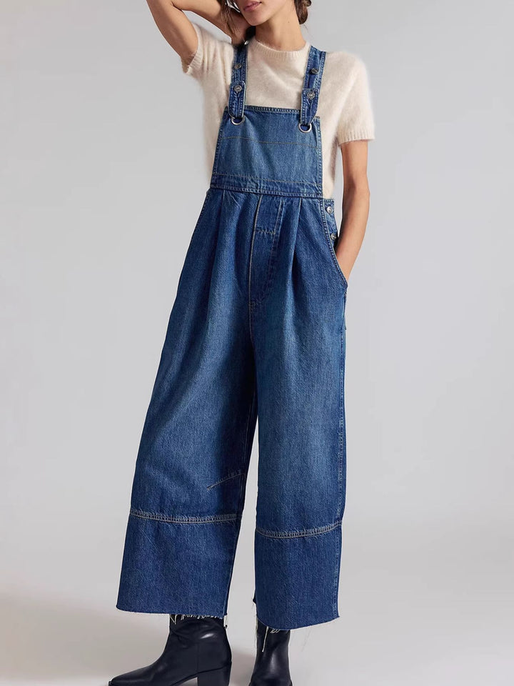 Dusty Blue Pleated wide-leg denim overalls with raw hem