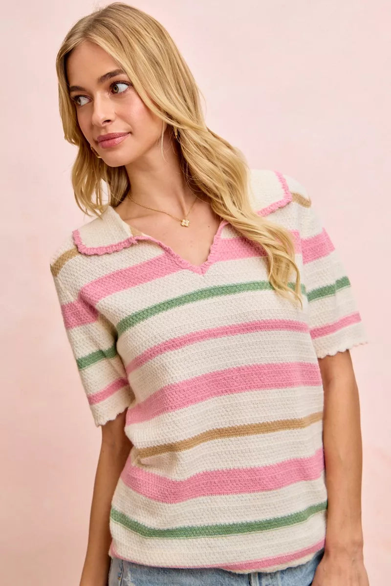 Striped scalloped-trim collared knit polo top