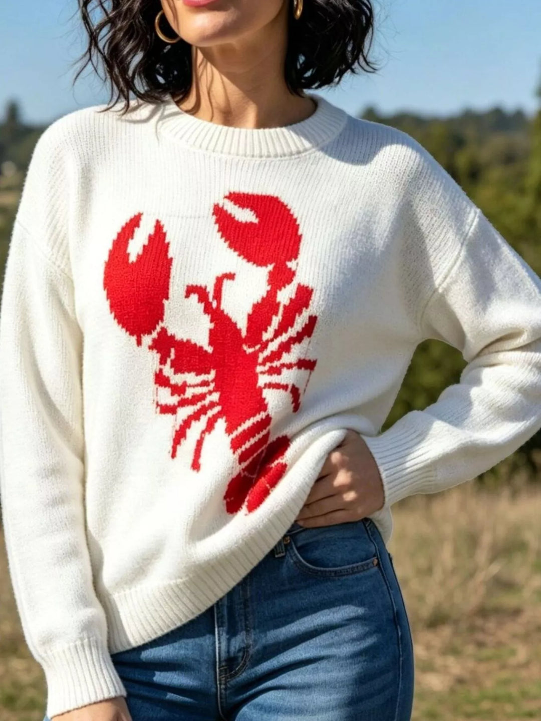 Lobster graphic crew neck knit pullover sweater