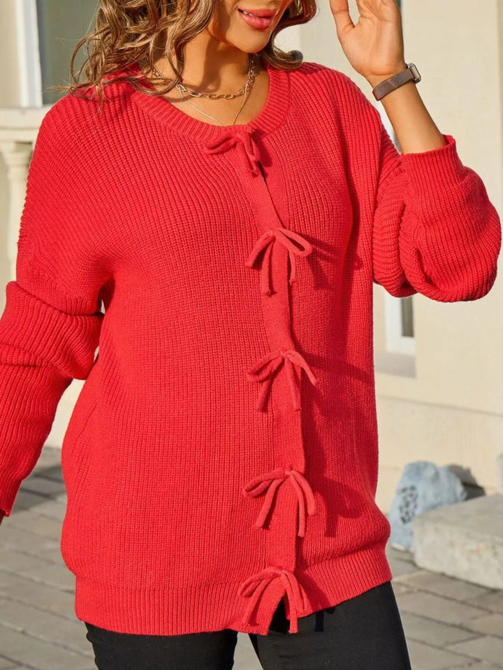 Ribbed knit bow-tie button-front cardigan