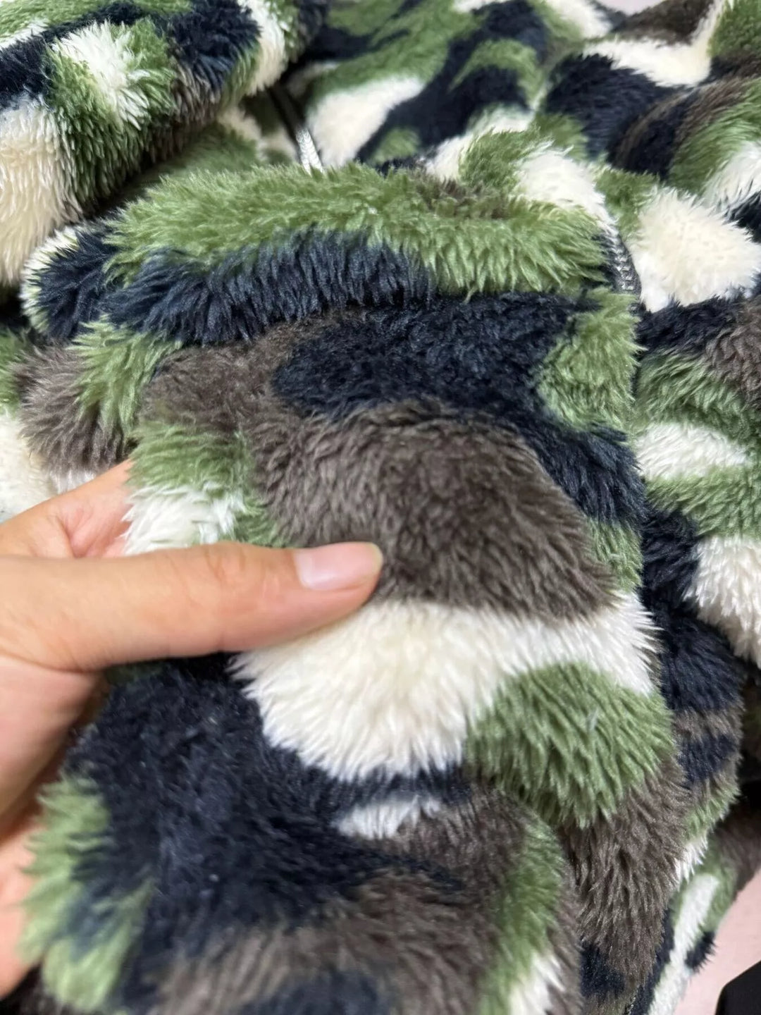 Cropped fuzzy camo zip-up fleece hoodie jacket