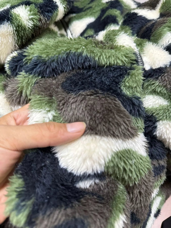 Cropped fuzzy camo zip-up fleece hoodie jacket