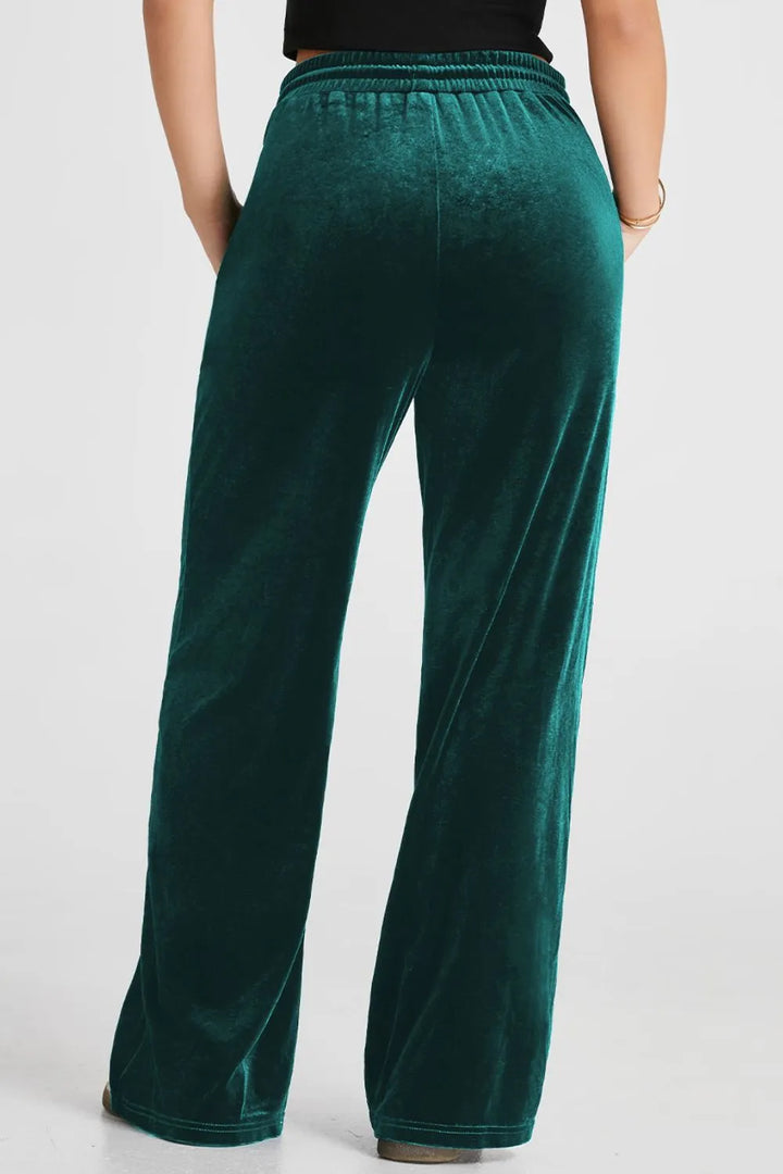 Velvet wide-leg drawstring pants with side pockets