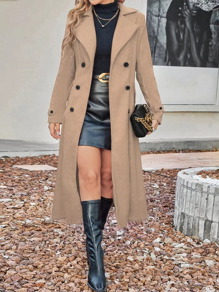 Double-breasted longline trench coat with notch lapels