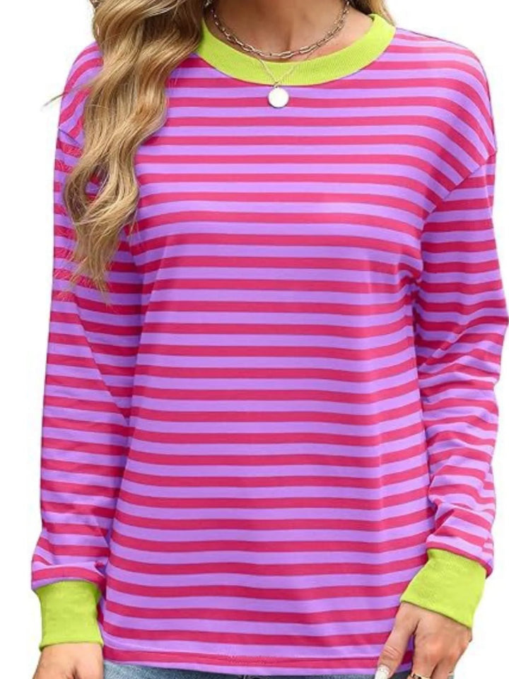 Contrast-trim striped long sleeve crew neck top