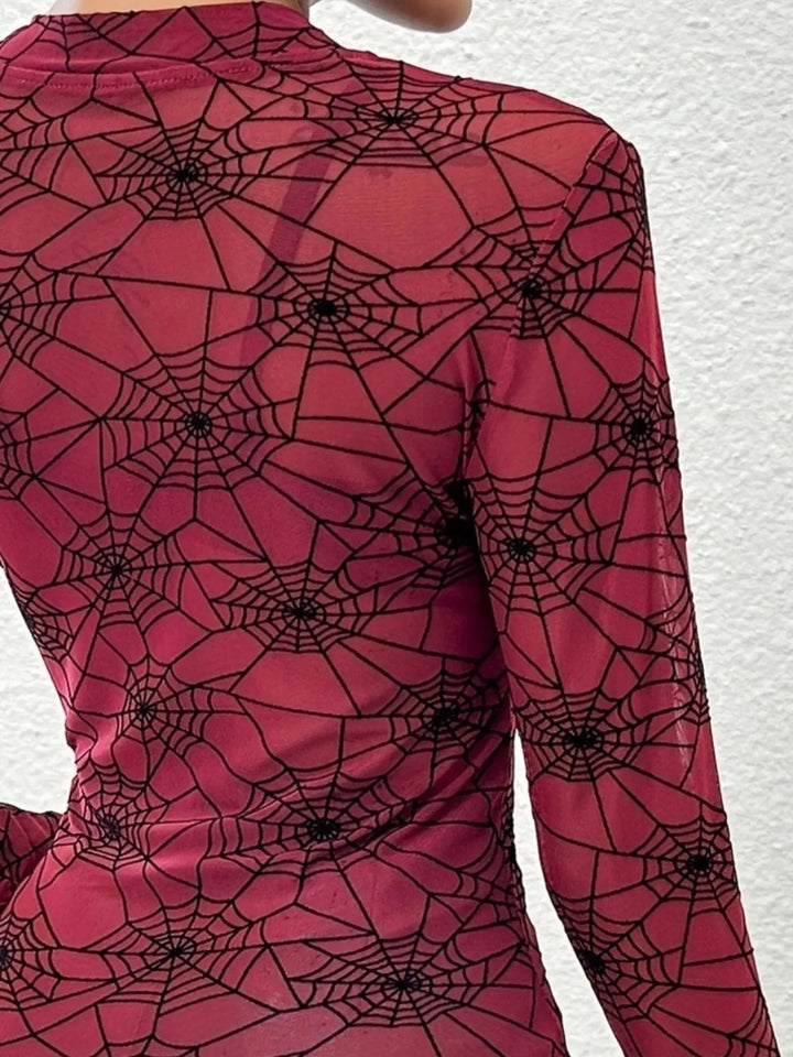 Spider web print sheer mesh long sleeve top
