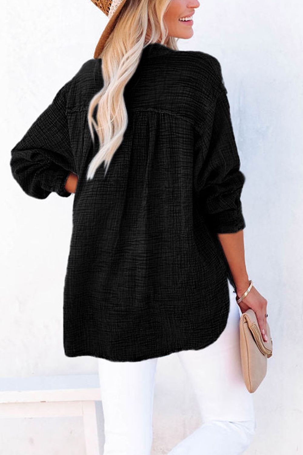 Textured cotton blouse with half-button placket and long sleeves