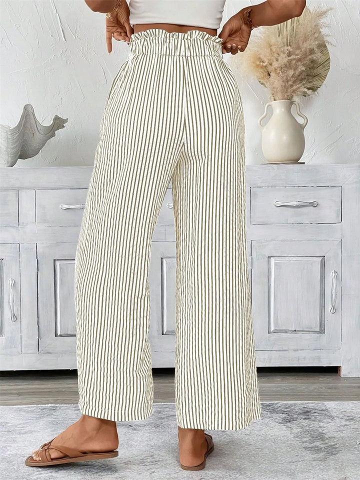 Striped wide-leg paper bag pants with tie belt