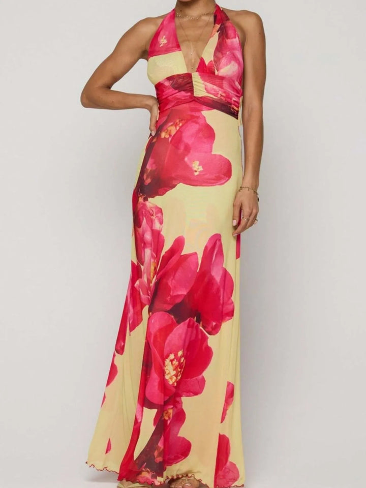 Backless floral halter deep V maxi dress with ruched waist