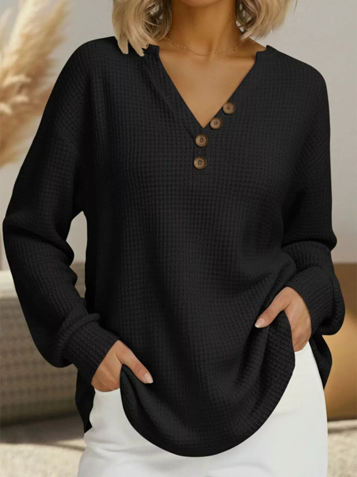 Black Waffle knit henley top with V-neck button placket